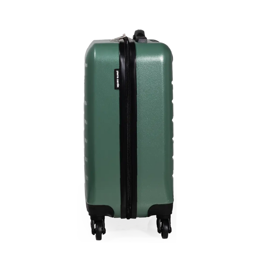 Green suitcase with a black zipper on a white background