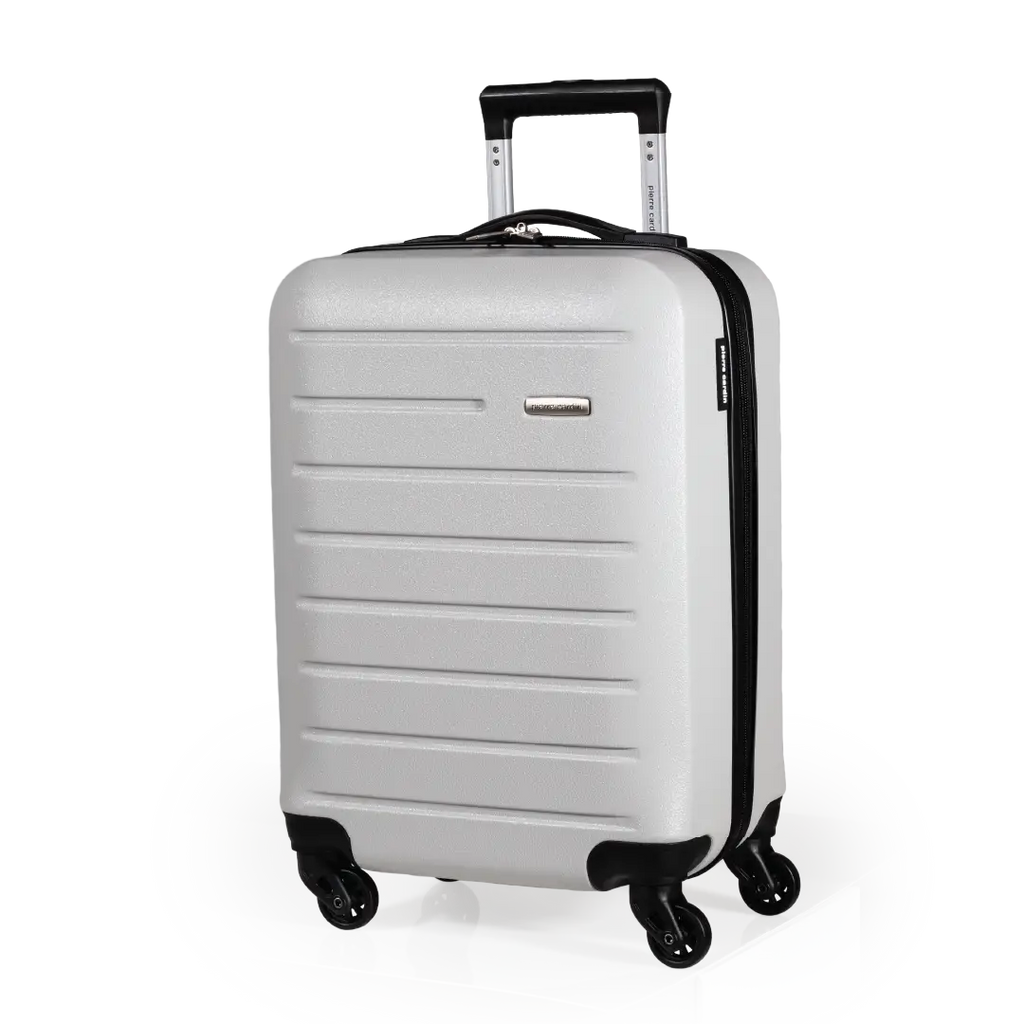 White suitcase with black wheels and handle on a white background