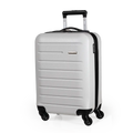 White suitcase with black wheels and handle on a white background
