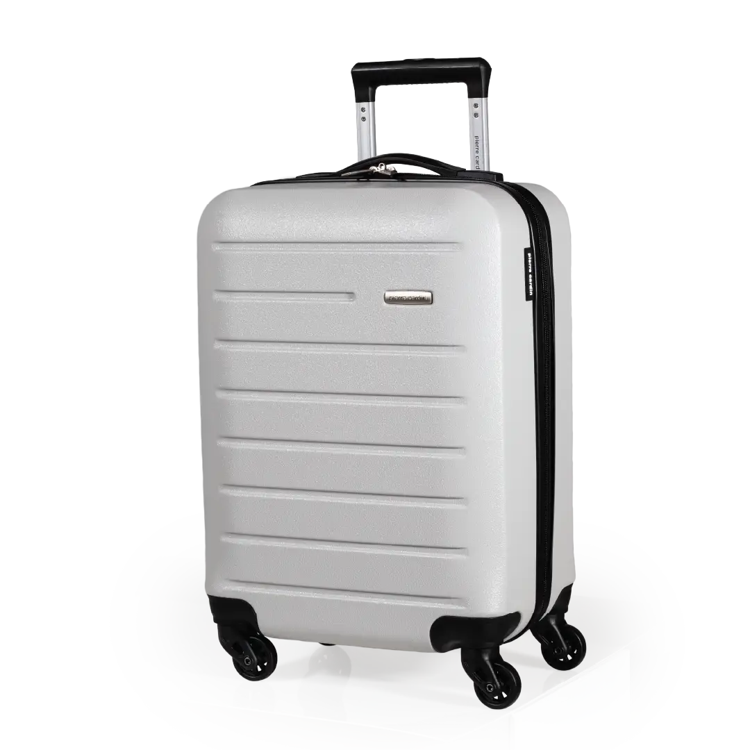 White suitcase with black wheels and handle on a white background