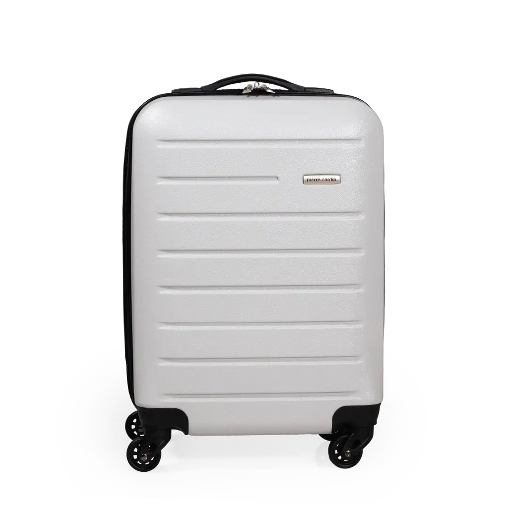 White suitcase with black accents on a white background