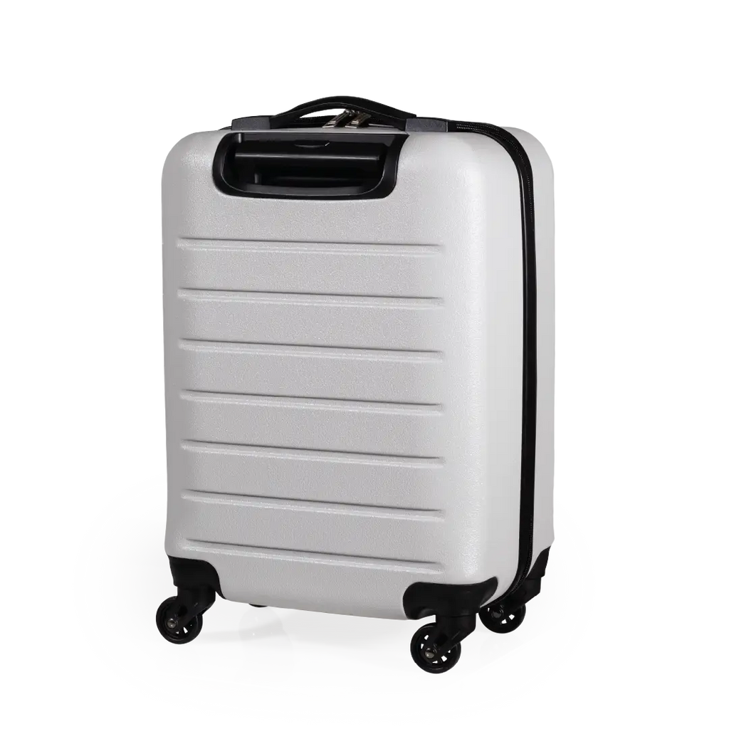 White suitcase with black wheels on a white background