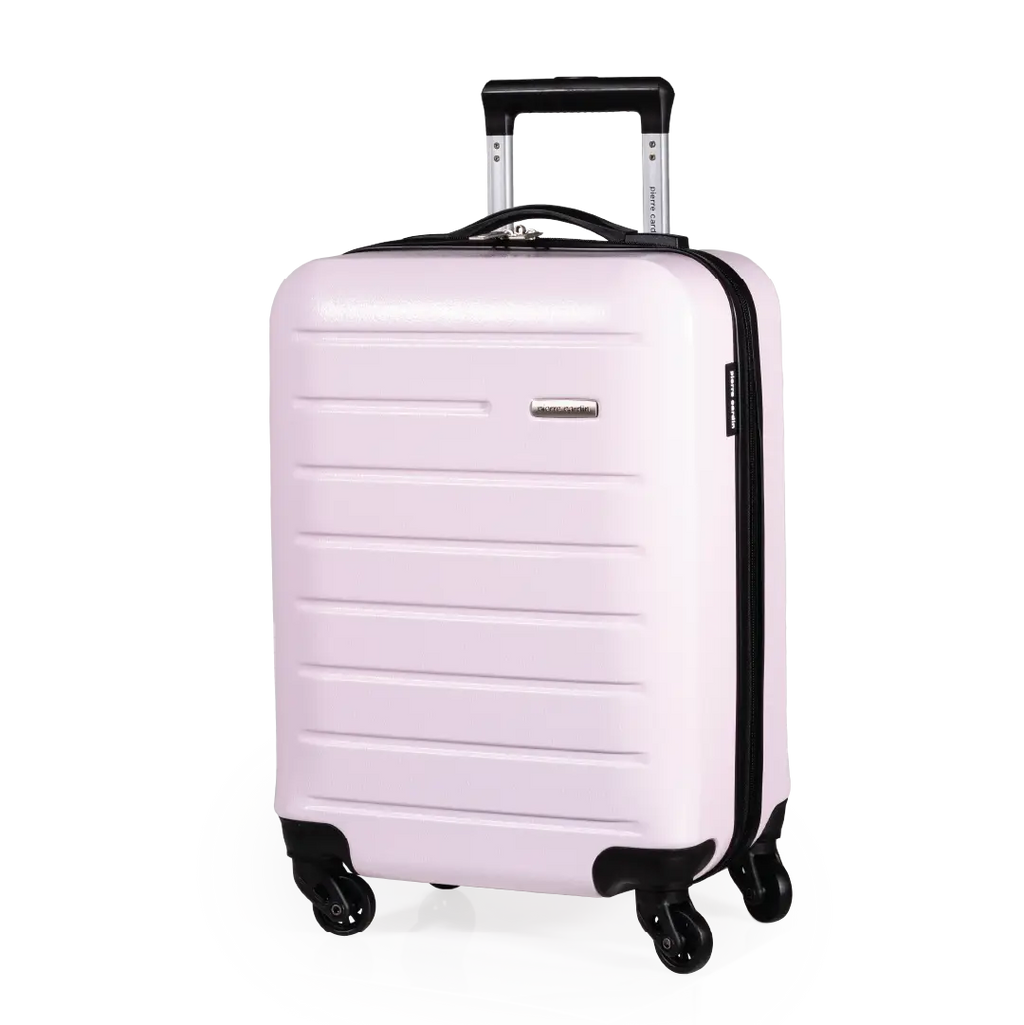 Pink suitcase with black wheels and handle on a white background