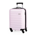 Pink suitcase with black wheels and handle on a white background