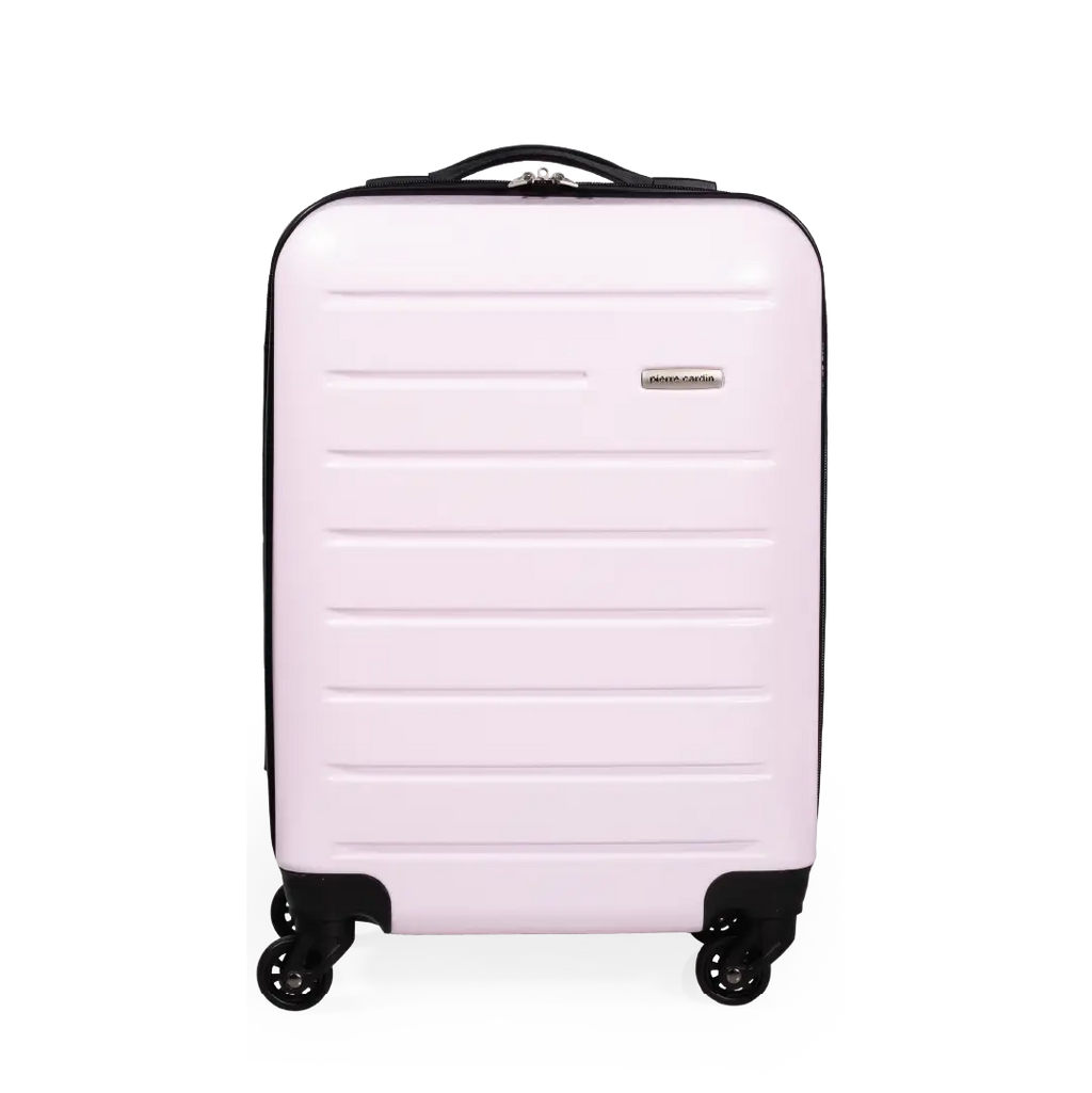 Pink suitcase with black wheels on a white background