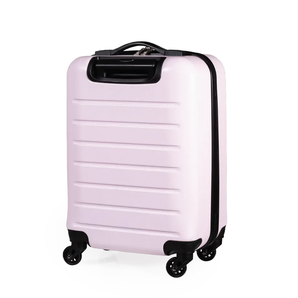 Pink suitcase with black wheels on a white background
