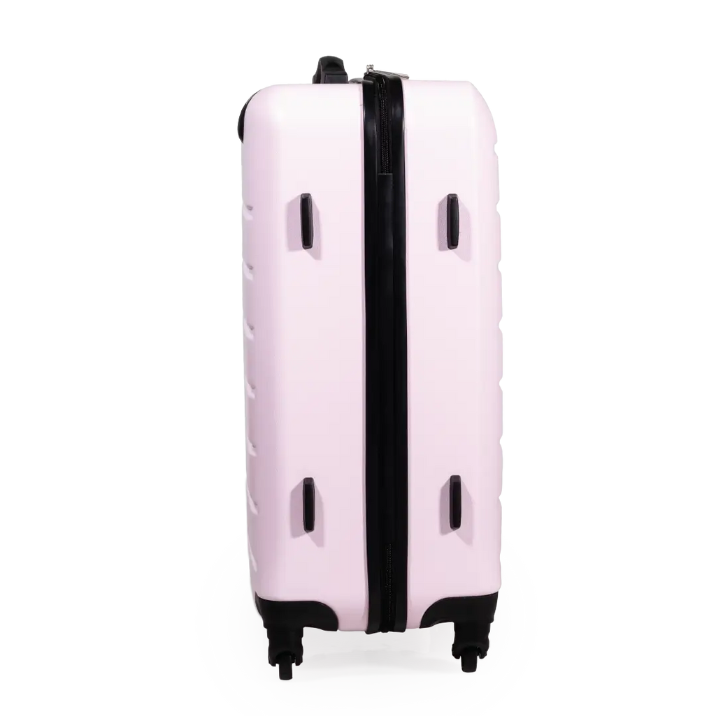 Pink suitcase with black accents on a white background