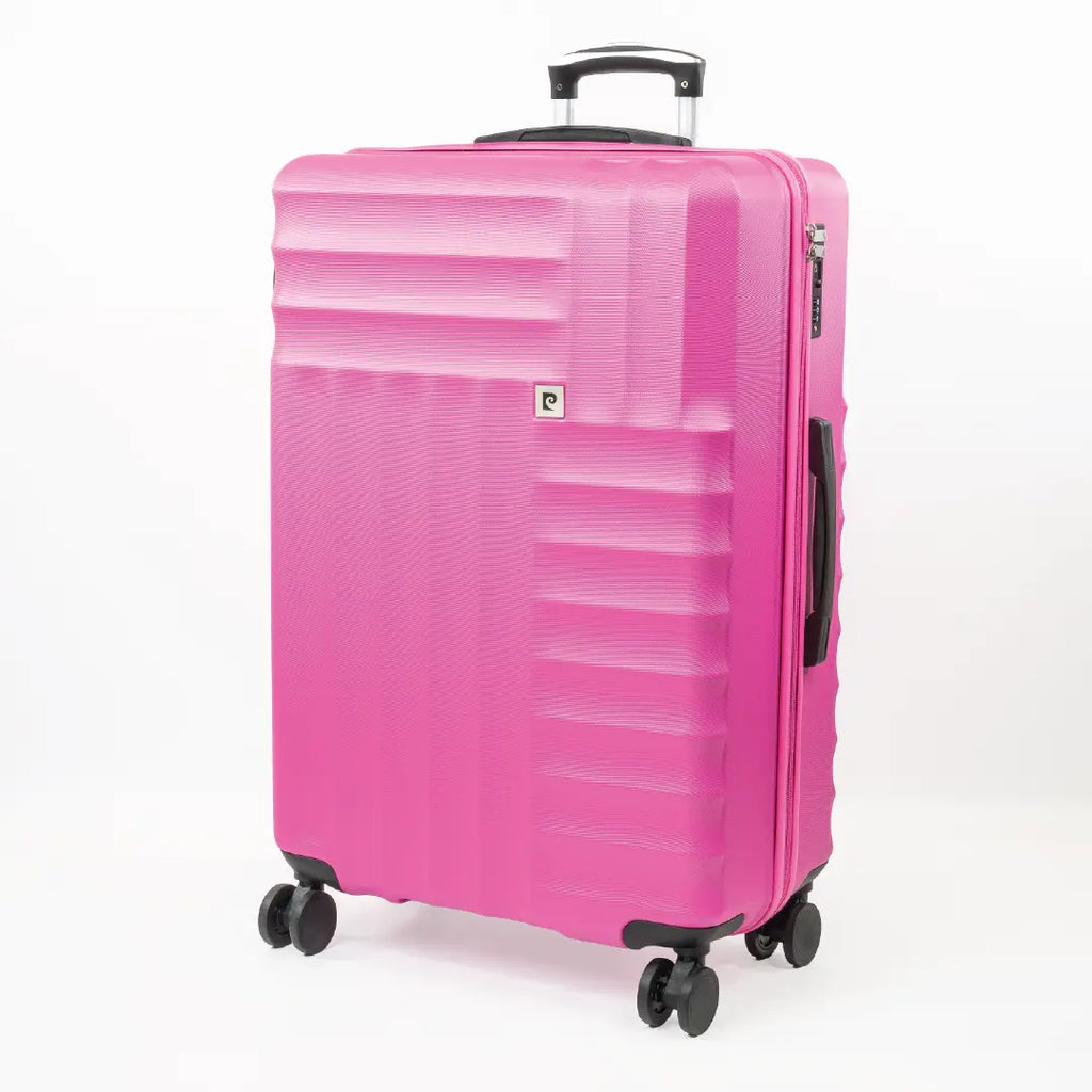 Pink suitcase with black wheels and handle on a white background