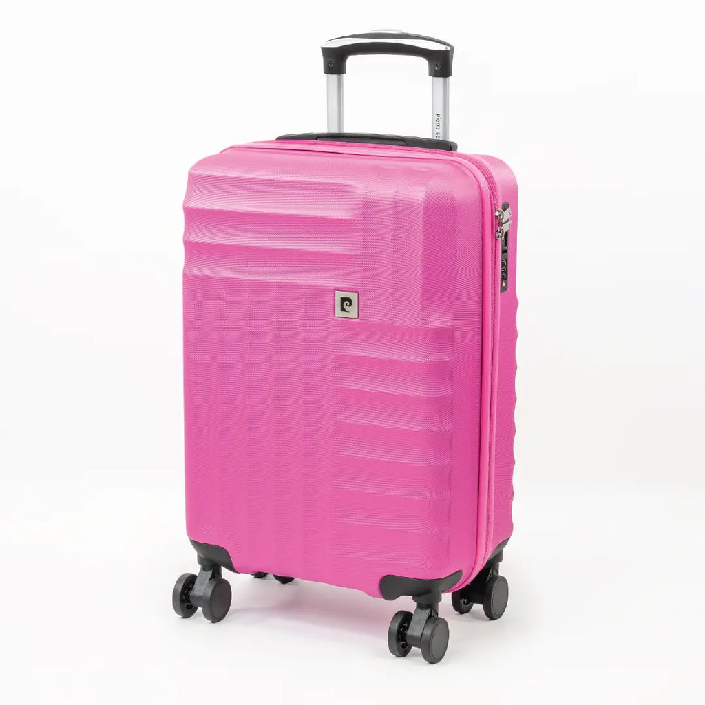 Pink suitcase with wheels and handle on a white background