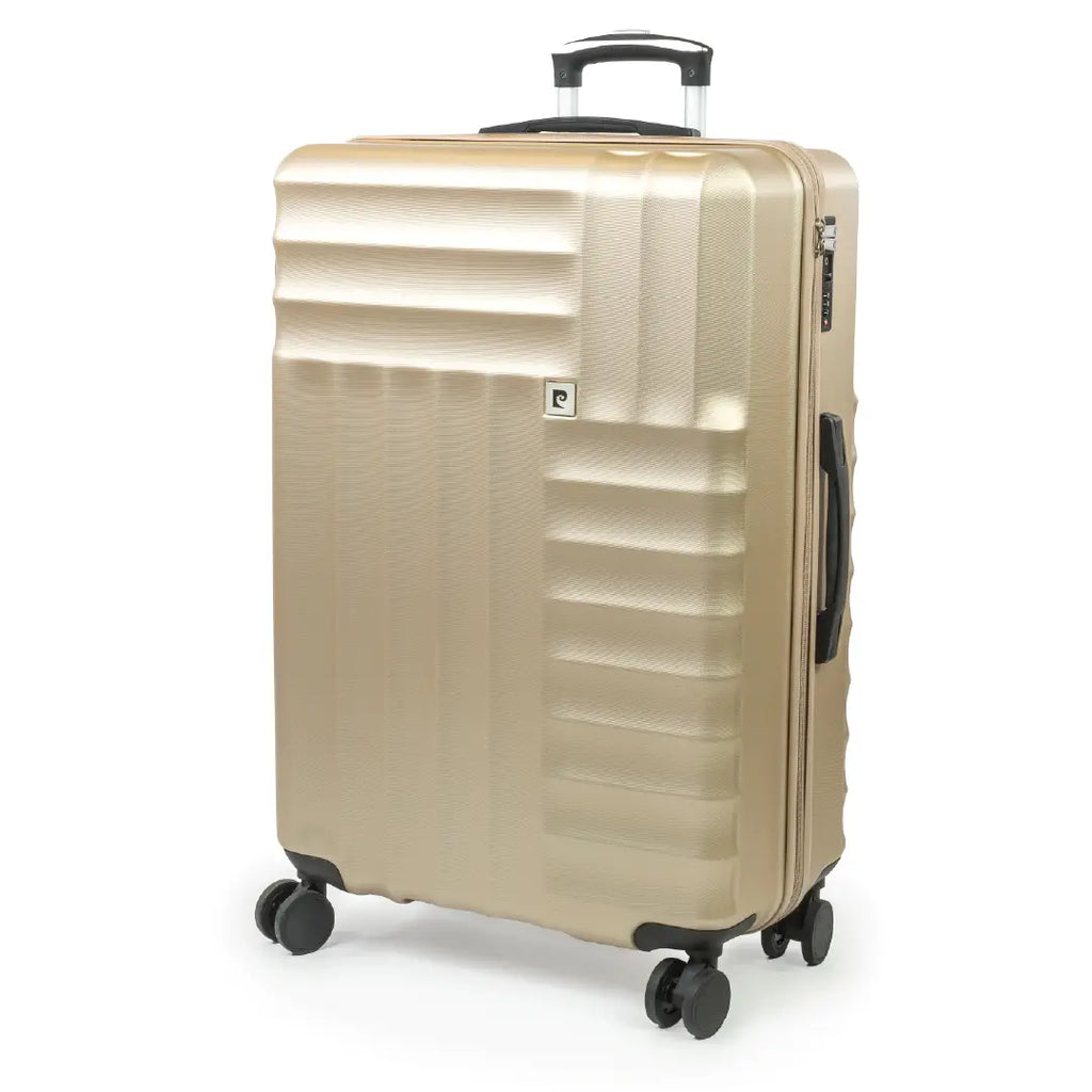Gold suitcase with black wheels on a white background