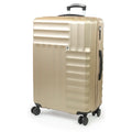 Gold suitcase with black wheels on a white background