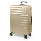 Gold suitcase with black wheels on a white background