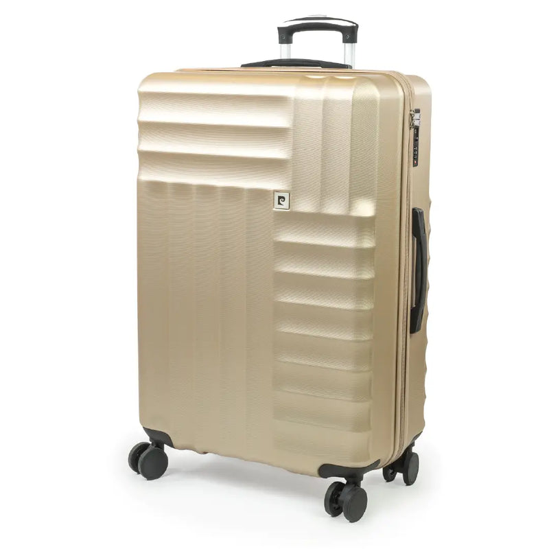 Gold suitcase with black wheels on a white background