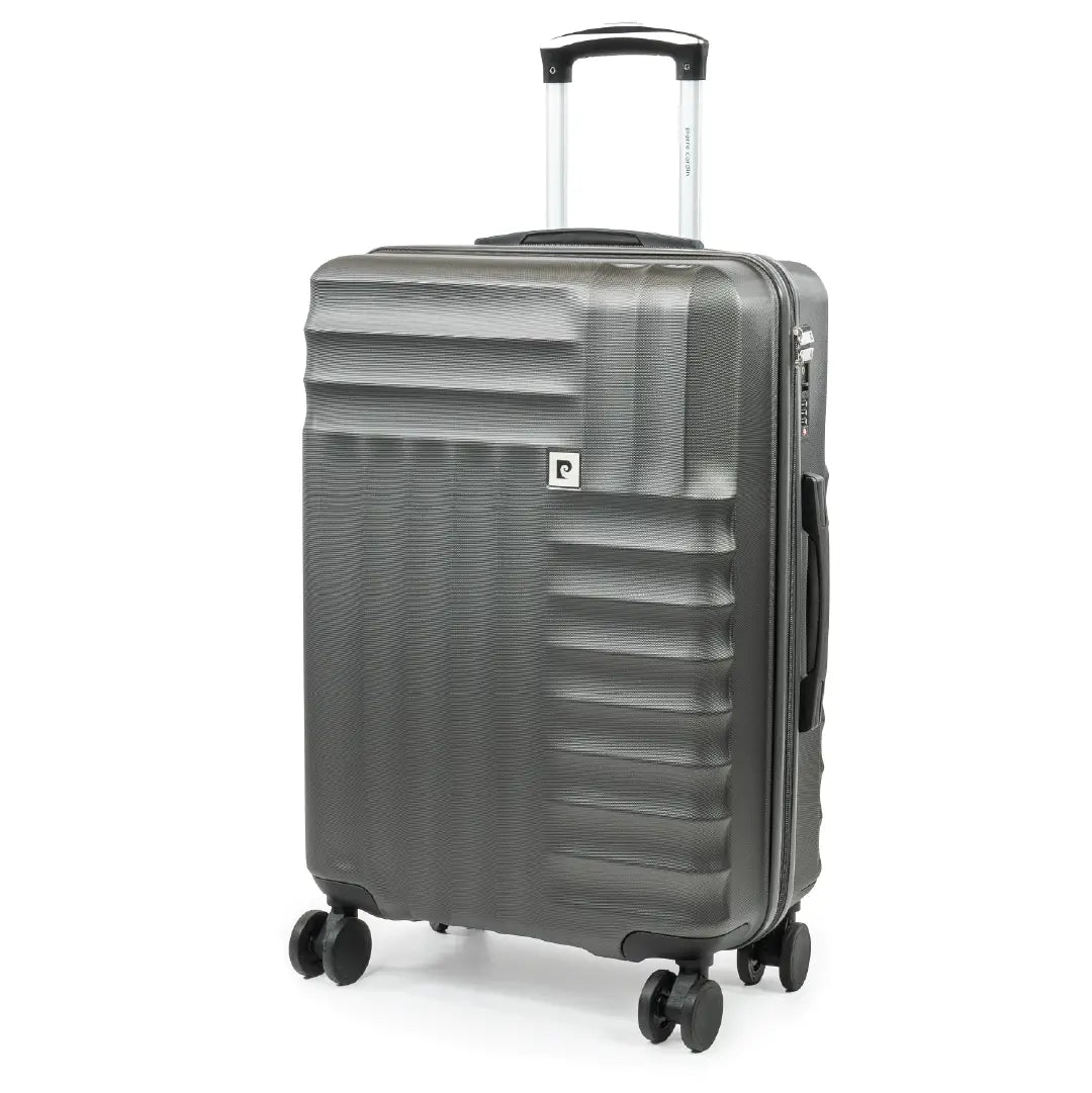Gray suitcase with wheels on a white background