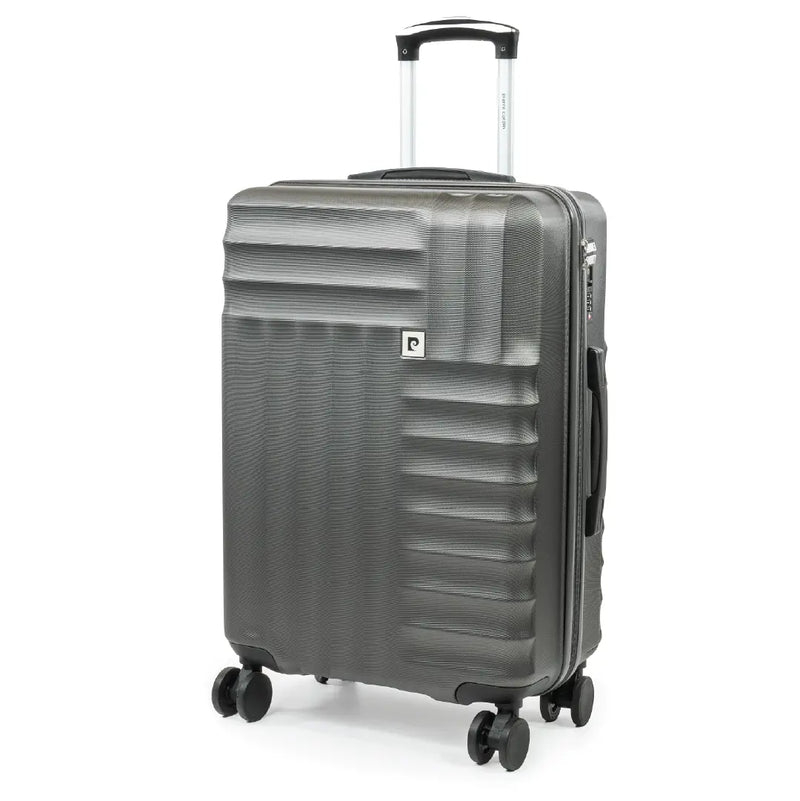 Gray suitcase with wheels on a white background