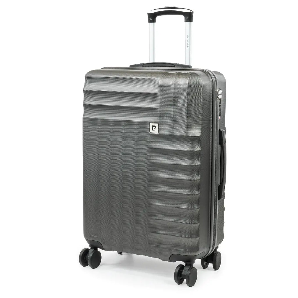 Gray suitcase with wheels on a white background