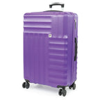 Purple suitcase with a visible brand logo on a white background