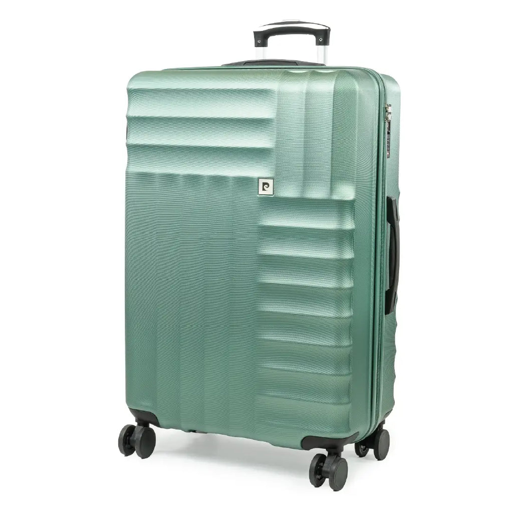 Green suitcase with a textured surface on a white background