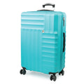 Turquoise suitcase with black wheels on a white background