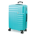 Turquoise suitcase with black wheels on a white background