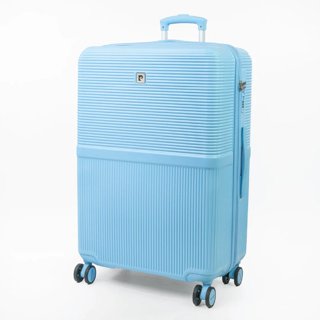 Light blue suitcase with a textured surface on a white background