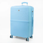 Light blue suitcase with a textured surface on a white background