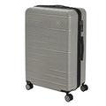 Gray suitcase with black handle and wheels on a white background