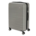 Gray suitcase with black handle and wheels on a white background
