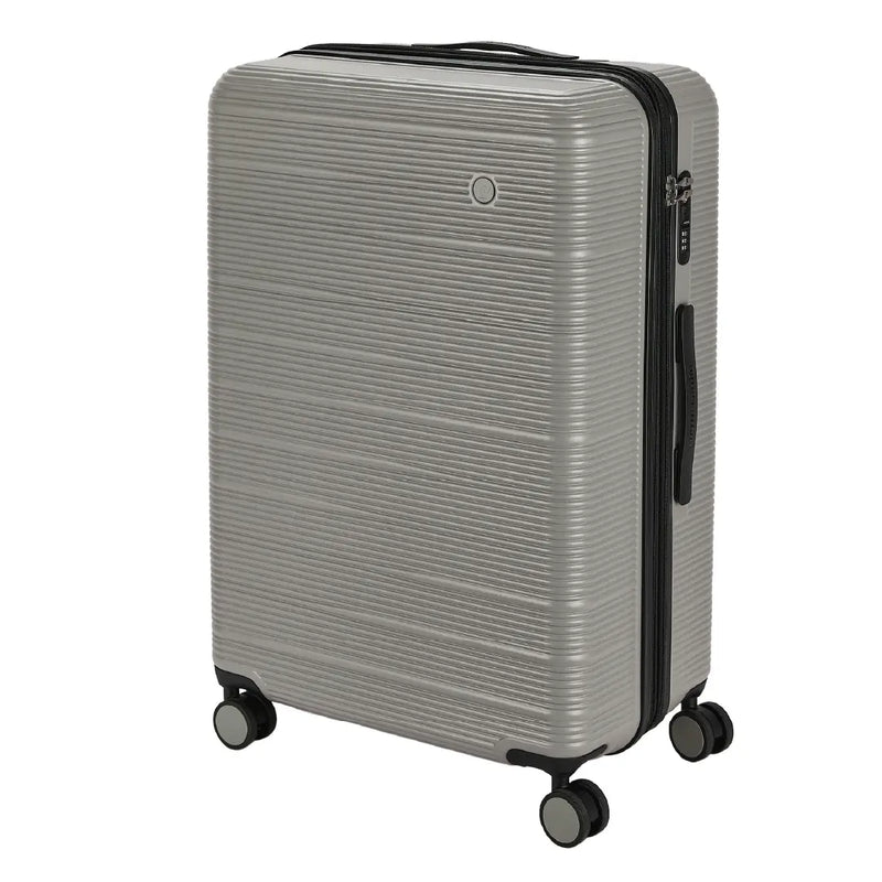 Gray suitcase with black handle and wheels on a white background