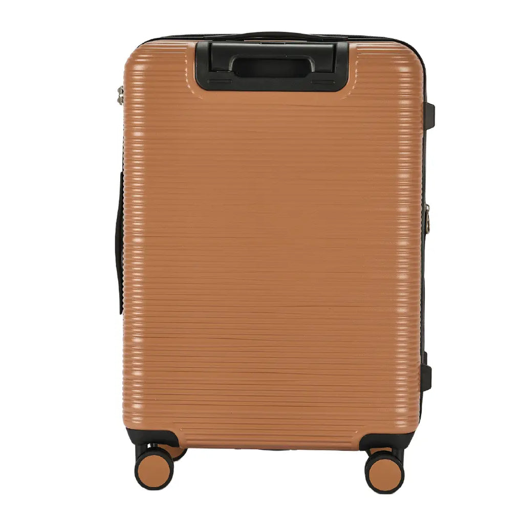 Brown suitcase with black handle and wheels on a white background