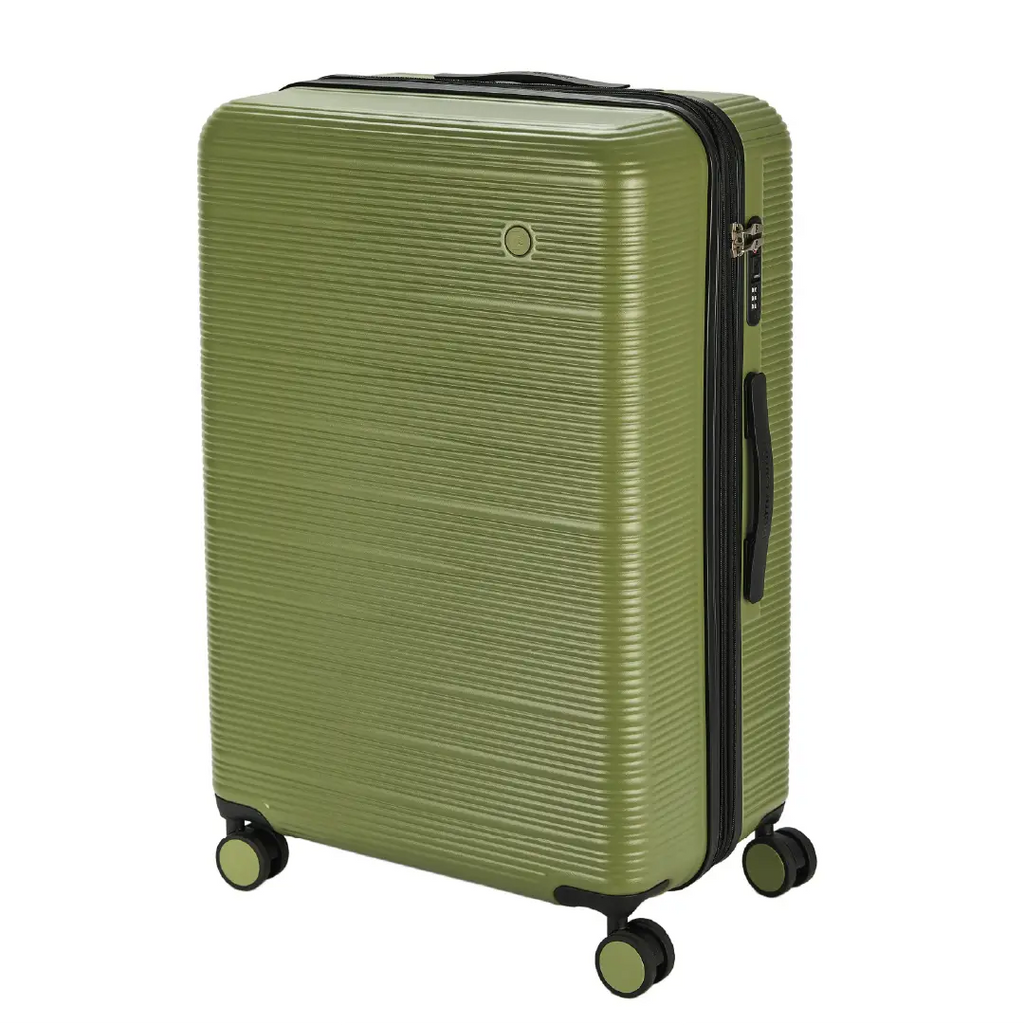 Green suitcase with black handle and wheels on a white background