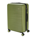 Green suitcase with black handle and wheels on a white background