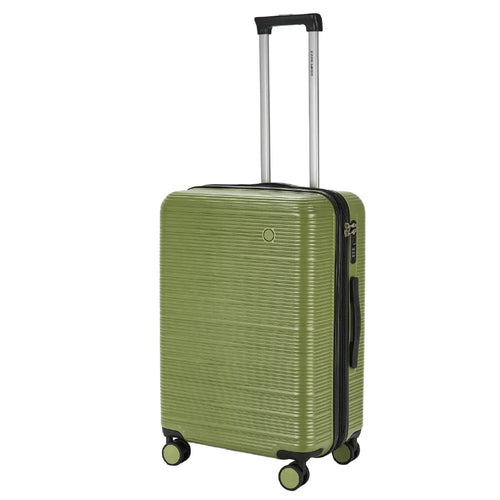 Green suitcase with a textured surface on a white background
