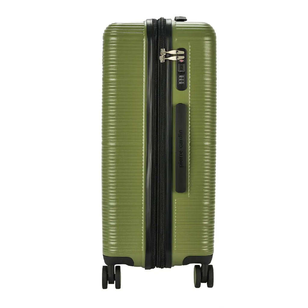 Green suitcase with black zipper on a white background