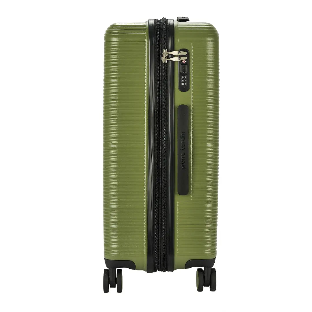 Green suitcase with black zipper on a white background