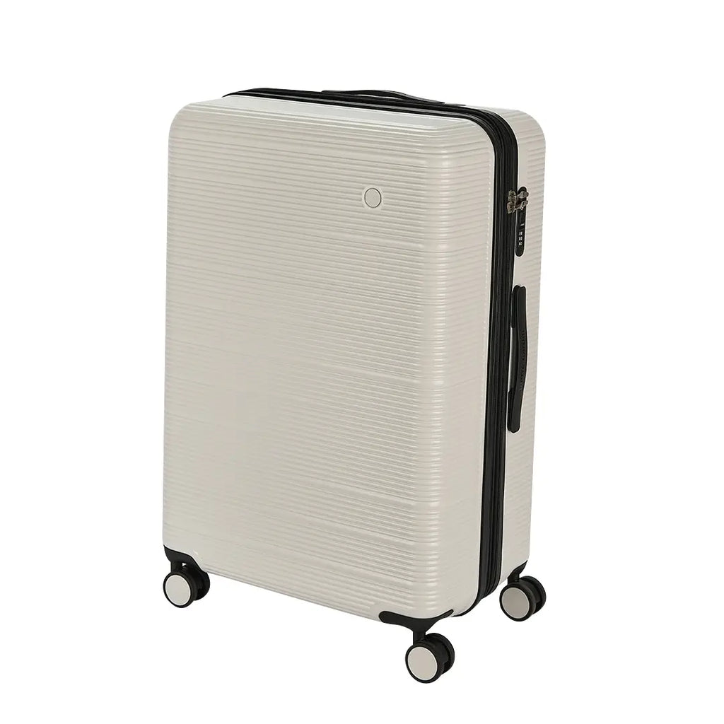 White textured suitcase with black handle and wheels on a white background