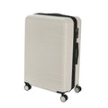 White textured suitcase with black handle and wheels on a white background
