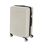 White textured suitcase with black handle and wheels on a white background