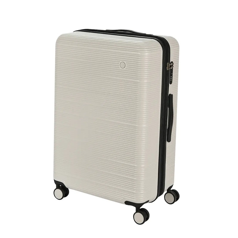 White textured suitcase with black handle and wheels on a white background