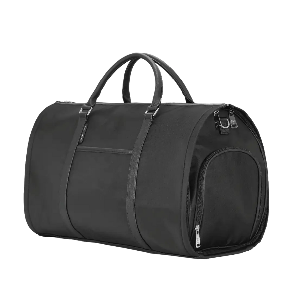 Black duffel bag with handles on a white background