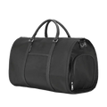 Black duffel bag with handles on a white background