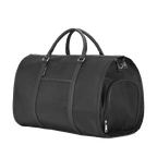 Black duffel bag with handles on a white background