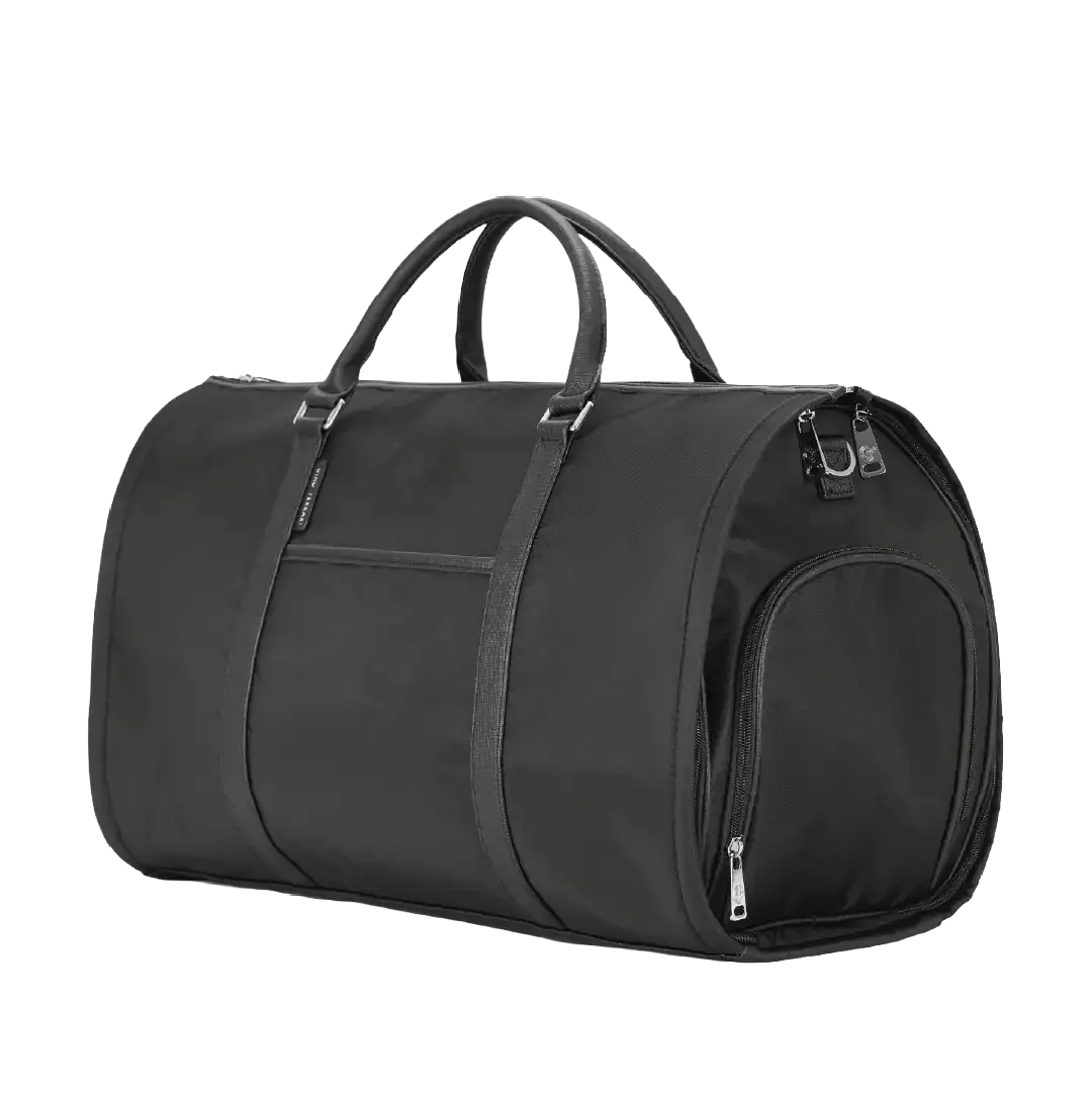 Black duffel bag with handles on a white background