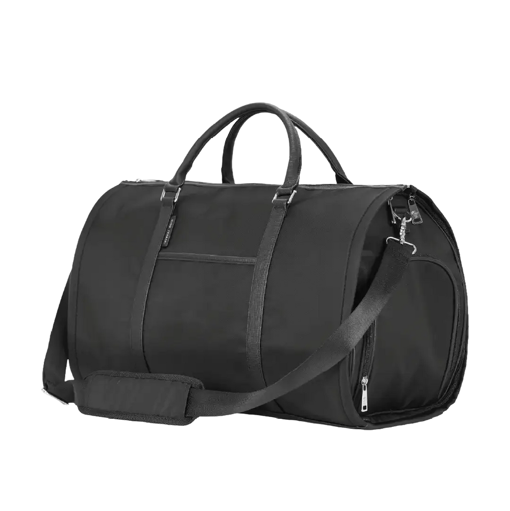 Black duffel bag with straps on a white background