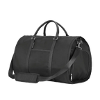 Black duffel bag with straps on a white background