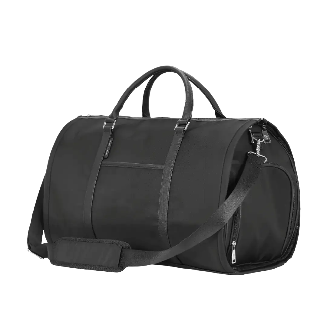 Black duffel bag with straps on a white background