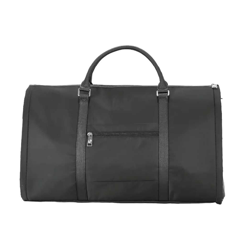 Black duffel bag with straps on a white background