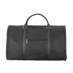 Black duffel bag with straps on a white background