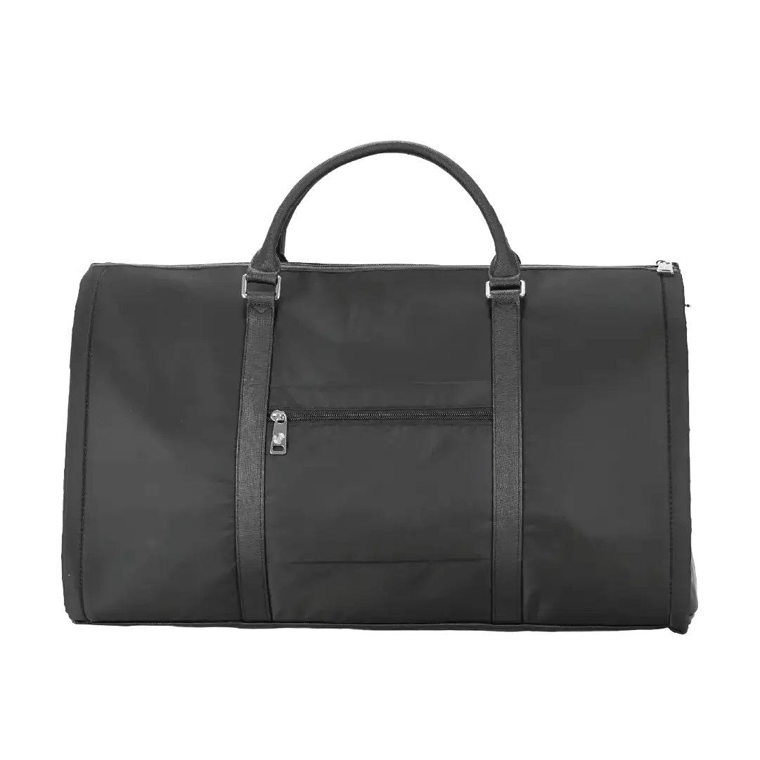 Black duffel bag with straps on a white background