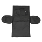 Black travel bag with multiple pockets on a white background